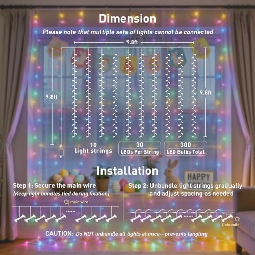 JMEXSUSS 300LED Curtain Lights for Easter Decor, 9.8x9.8ft, Pastel - Image 6
