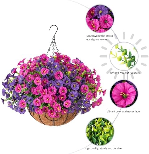 Artificial Faux Hanging Flowers Plants Basket for Spring Summer Outdoors Decoration, Silk Morning Glory with Eucalyptus Look Real UV Resistant Fake Flowers for Outside Porch Patio Balcony Home, Mix - Image 5