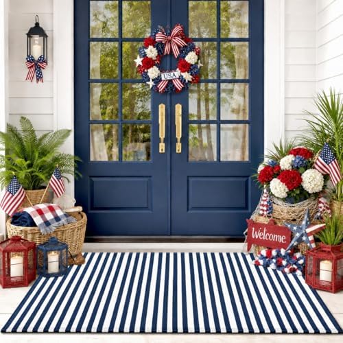 Moucuny 3' X 5' Narrow Navy and White Summer Vertical Stripe Outdoor Rug - Image 4