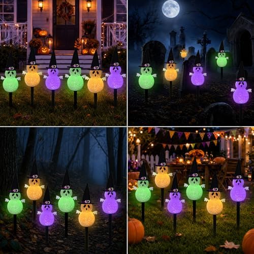 BRIGHTDECK Halloween Solar Pathway Lights Outdoor, LED Decor, Light Up Solar Stake Lights for Holiday, Halloween, Walkway, Sidewalk (Multicolor Hat Ghost, 6-Pack) - Image 6