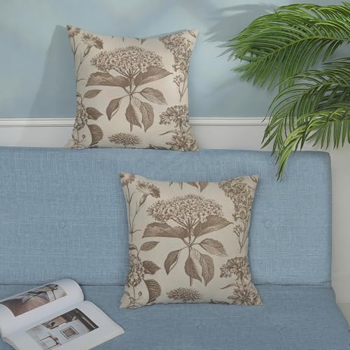 Vintage Brown Pillow Covers 16x16 Inch 2 Pcs Boho Beige Floral Decor Throw Pillows Hydrangea Flower Seasonal Outdoor Farmhouse Neutral Accent Decoration Pillowcase Linen Cushion Cover for Couch - Image 3