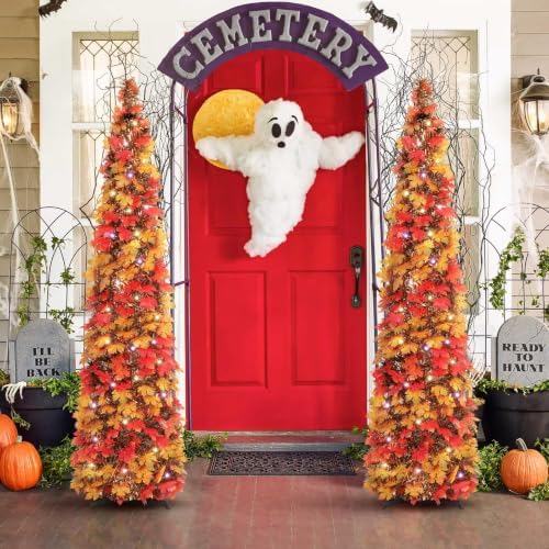 N&T NIETING Fall Tree Home Decor, 5FT Pop Up Tree with Lights & Timer & 8 Modes, Collapsible Tinsel Pencil Tree for Autumn Harvest Porch Thanksgiving Party Decorations, Fall Maple Leaves - Image 2