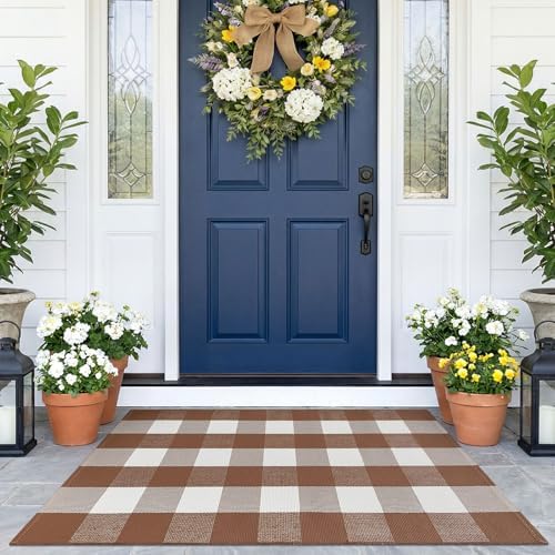 KOZYFLY Buffalo Plaid Area Rugs 2.3x3.6 Ft Front Door Mat, Brown and White by KOZYFLY