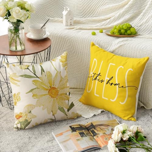 AVOIN colorlife Home Sweet Home Spring Summer Flowers Yellow Throw Pillow Covers, 20 x 20 Inch Cushion Case for Sofa Couch Set of 4 - Image 4