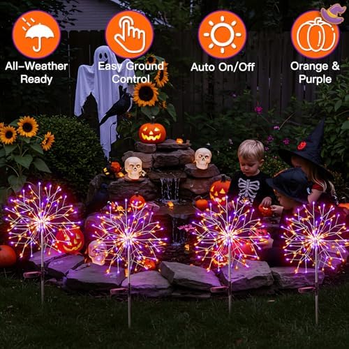 suddus Solar Halloween Lights Outdoor Solar Powered, Upgrade 2-Pack Orange & Purple Solar Firework Lights, Waterproof Garden Light for Yard Pathway Patio Flowerbed Halloween Decorations - Image 2
