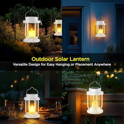 Solar Lantern Outdoor & Indoor Use – Hanging Solar Lights with Realistic Flickering Flameless Candle, Weatherproof for Gardens, Patios, Trees, and Lawns (White, 2 Pack) - Image 4