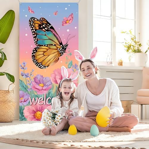 NYZE Butterfly Welcome Spring Door Covers For Front Door 35.4 x 70.8 Inch Door Banner Spring Porch Backdrop Sign Outdoor Indoor Spring Decorations - Image 7