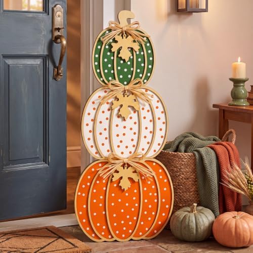 Threehoney 35 Inch Fall Stacked Pumpkins for Porch Wooden Outdoor Standing Pumpkin Decor Thanksgiving Harvest Farmhouse Sign for Yard Front Door Garden Patio Outdoor(Polka Dot,Pastoral Color) by Threehoney