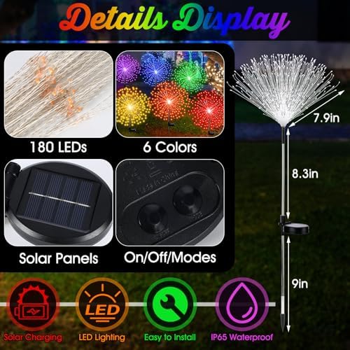 Tujoe 6 Pcs Multicolor Solar Firework Stake Lights 180 LED 8 Modes Solar - Image 2