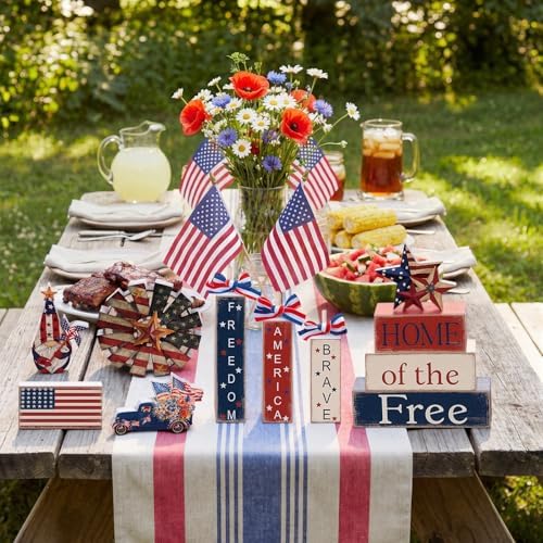 Vercraft 11 Pcs 4th of July Table Decorations Set Patriotic Tiered Tray Decor Retro Red White Blue Wood Block American Flag Decor for 250th Anniversary Independence Day Home Office Shelf - Image 6