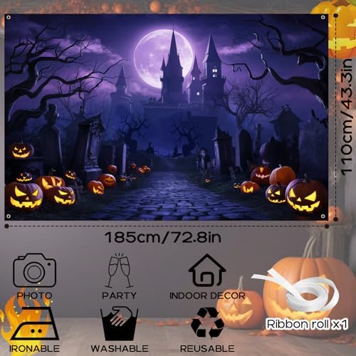 Happy Halloween Castle Banner, Large Fabric Purple Halloween Backdrop Poster for Horrible Party Indoor/Outdoor Wall Decor - Image 2