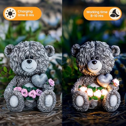 YDKOJGW Solar Garden Outdoor Statues Bear with Heart and Pink Flower and 5 LED Lights-Lawn Decor Bear Statue for Patio, Balcony, Yard Ornament-Unique Housewarming Gifts for Mom, Women - Image 6