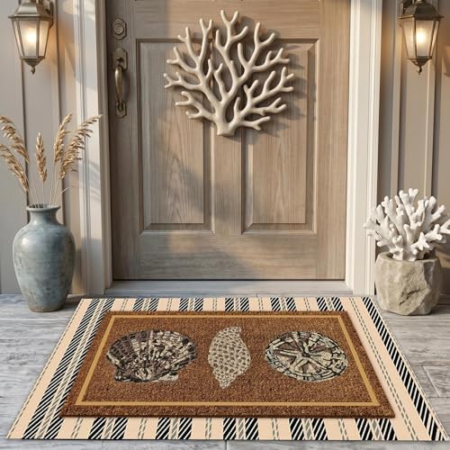 Drydiet Coastal Door Mat Layered Seashell Non Slip Porch Entryway Navy by Drydiet