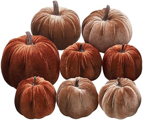 Woration 8pcs Artificial Velvet Brown & Champagne Fabric Pumpkins Decor by Woration