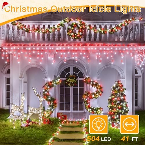 Ollny Icicle Lights for Outside 504LED 41FT, Red and White Christmas Light with Remote 8Modes Timers Waterproof, Plug in Connectable Hanging Lights for Outdoor Indoor House Roof Holiday - Image 2