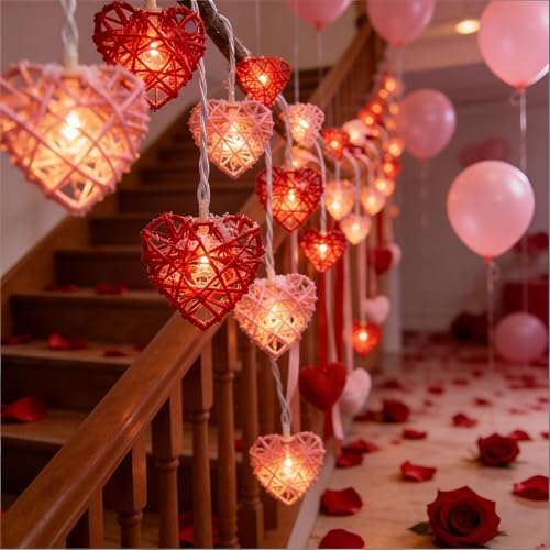 Red and Pink Heart Shape String Lights, 8.5Ft Valentine's Day String Lights with 10 LED Heart Lights, Plug in Hanging Valentines Window Fairy Lights for Indoor Outdoor Wedding Party Valentine Decor by Kivonfa