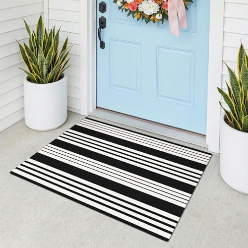 KOZYFLY Striped Rug 2x3 ft Brown and Black Woven Washable Stripes Doormat by KOZYFLY