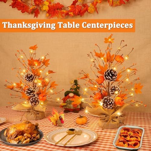 Timer - 2 Pack 18 Inch Lighted Fall Tree Thanksgiving Decorations, Fall Maple Tree with Pumpkins Pinecones 40 LEDs Battery Operated, Artificial Tabletop Trees for Thanksgiving Table Decor Home Indoor - Image 4