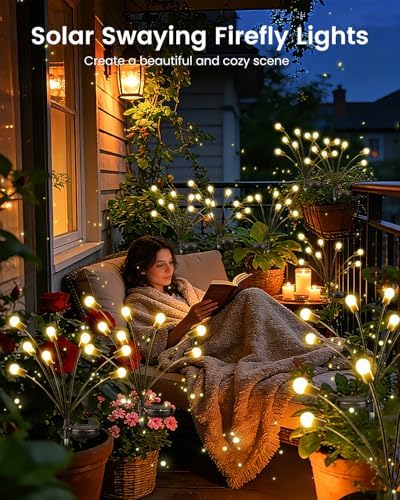 OZS 12 Pack Total 96 LED Solar Garden Lights Fairy Outdoor - Solar Firefly Lights Outdoor, Sway by Wind, Waterproof for Garden Patio Pathway Fairy Decoration (Warm White) - Image 4