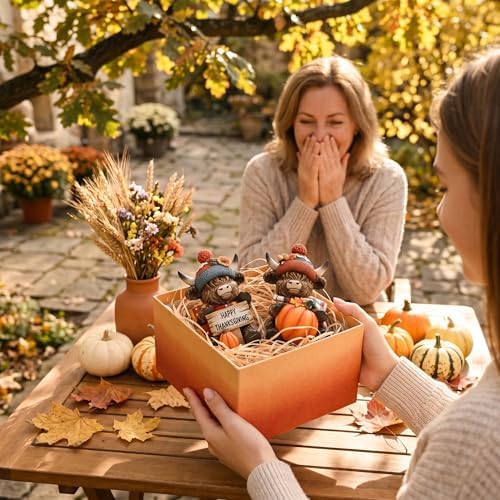 Valery Madelyn Fall Decorations for Home, 2 Pcs Thanksgiving Highland Cow Pumpkin Decor for Table Indoor Outdoor, Resin Fall Decor Sunflower Garden Figurines for Autumn Harvest Porch Tiered Tray, 5" - Image 6