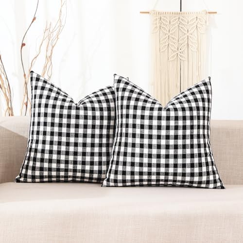 Black and White Gingham Plaid Farmhouse Throw Pillow Cover 16x16 Set of 2 by CARRIE+HOME