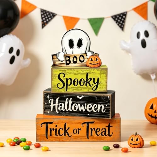 4 Pcs Halloween Tiered Tray Decor Wooden Stacked Block Signs, Rustic Ghost Boo Pumpkin Spooky Trick or Treat Table Decor for Home Kitchen Shelf Mantel Party - Image 5