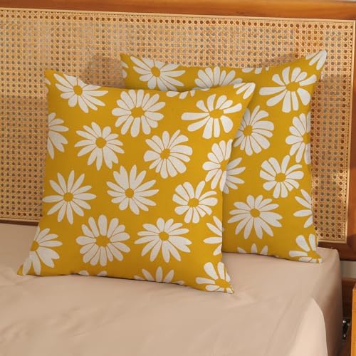Mustard Yellow Pillow Covers 16x16 Inch 2 Pcs Daisy Floral Summer Outdoor Decor Throw Pillows Spring Flower Farmhouse Holiday Decoration Pillowcase Linen Cushion Cover for Couch Sofa Bed - Image 2