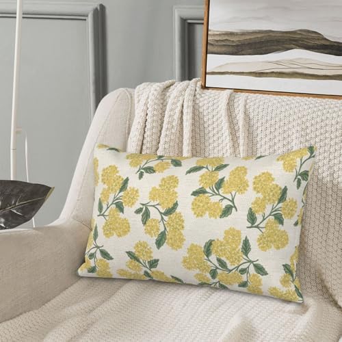Mustard Yellow Outdoor Pillow Covers 12x20 Inch 2 Pcs Green Hydrangea Flower Decor Throw Pillows Spring Summer Seasonal Vintage Floral Decoration Pillowcase Linen Cushion Cover for Couch Sofa - Image 4