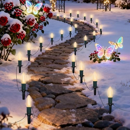 C9 LED Christmas Pathway Lights, 38FT Outdoor Warm White Pathway Markers Lights with 25 Stakes, Connectable Waterproof Outside Christmas Decorations for Xmas Party Decor Patio Yard Lawn, Garden - Image 3