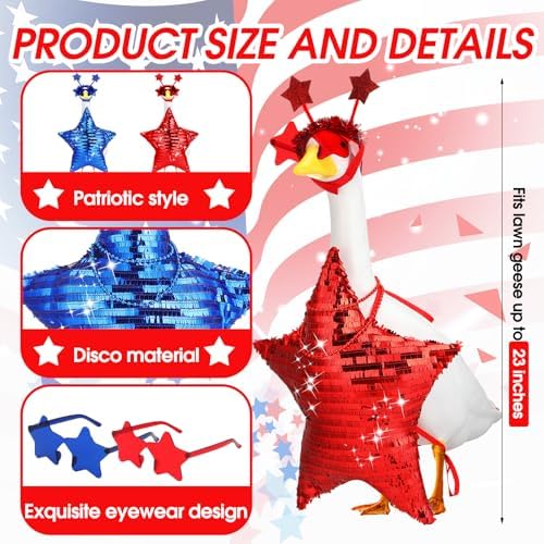 Abbylike 2 Set 4th of July Porch Goose Outfit 250th Red Blue Disco Sequin Star Yard Goose Costume Clothes Fits Large 23'' Cement for Independence Day American Patriotic Statue Patio Garden Art Decor - Image 2