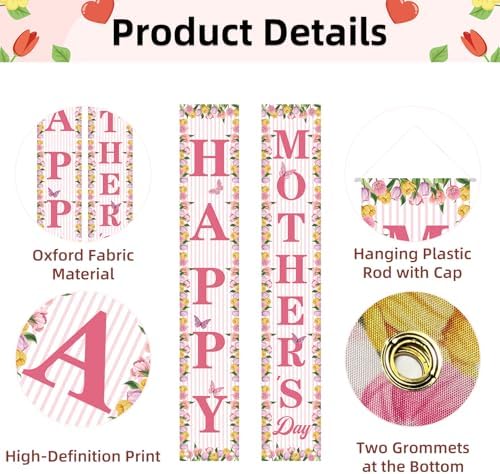 71 x 12 Inches Happy Mother's Day Door Banner Porch Sign for Doorway Yard, Floral Tulips Butterflies and Stripes Theme Decor, Outdoor Indoor Front Door Wall Large Hanging Welcome Sign Party Decoration - Image 3