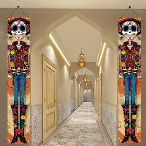 2PCS Day of the Dead Porch Banners 71x12 Inch Skeleton Couple Vertical Door Decorations, Colorful Dia de Los Muertos Halloween Hanging Signs for Front Porch Outdoor Party Decor - Image 7