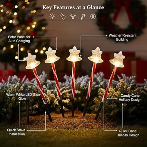 Solar Christmas Pathway Lights - 5 Designs (Star, Snowflake, Santa, Bell), Auto On/Off, Waterproof Warm White LED Color Stake Lights for Garden Yard Holiday Party Décor (Bell) - Image 3