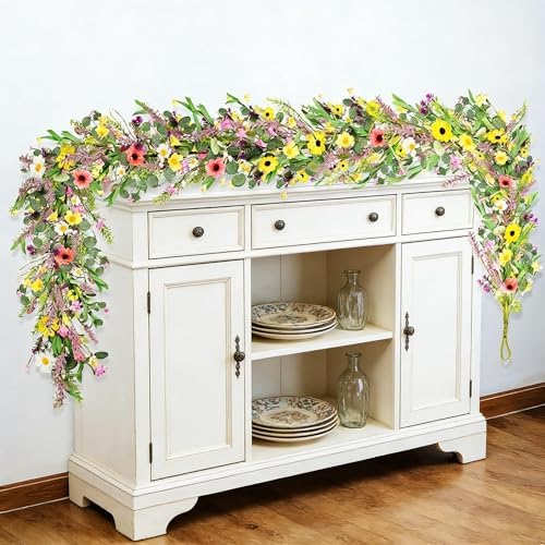 2Pcs 6.5 Ft Summer Flower Vine Garlands Artificial Wildflower Wisteria Lavender Daisy Spring Garland Not Withering Floral Wreath Garland All Year Round Home Decor for Indoor Outdoor Home Wedding Arch by Unknown