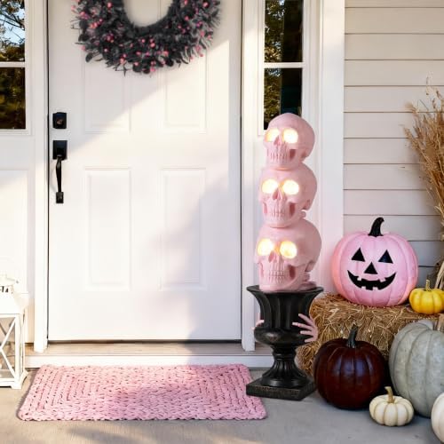 Glitzhome 31.50" H Halloween Lighted Stacked Skull Porch Decor,Pink MGO Skeleton Statue with Black Urn & Timer, Scary Halloween Decoration for Front Door Outdoor Indoor Yard Party - Image 5