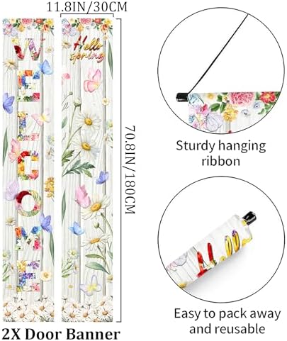 Welcome Spring Porch Decor Banner - 2 Pcs Floral Butterflies Door Sign Decorations, Flower Hanging Party Banners for Front Door Outdoor Garden Yard Wall Decoration - Image 2
