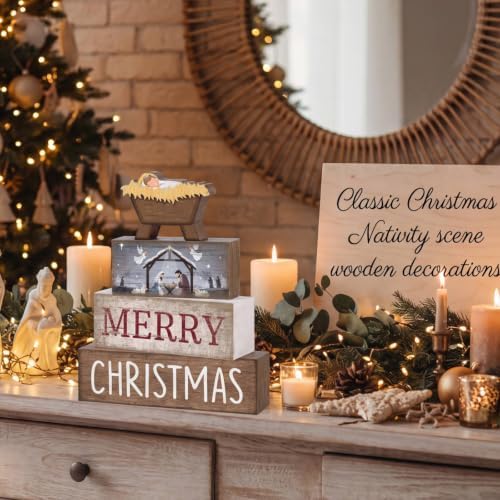 Lineshading 4 Pcs Nativity Christmas Wooden Block Signs Farmhouse Decor - Image 4