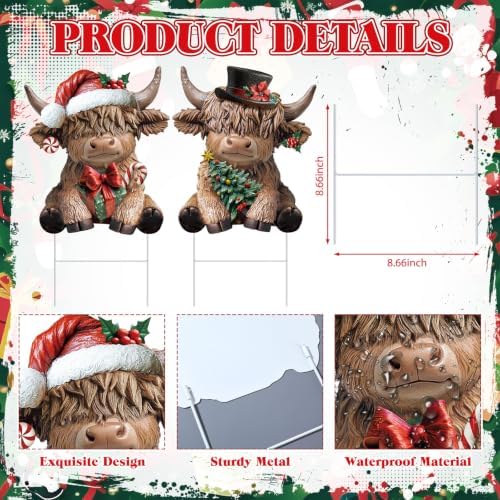 Yookeer Christmas Highland Cow Decorations Outdoor Metal Sign with Stakes - Image 3