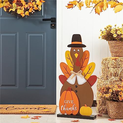 Glitzhome 31”H Thanksgiving Wooden Turkey Porch Sign, Fall Harvest Turkey Give Thanks Standing Decor, Rustic Welcome Sign Porch Sign for Thanksgiving Fall Harvest Autumn Yard Sign by Glitzhome