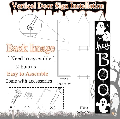 Halloween Porch Sign with Cute Ghost and Bats Design Door Hanging Decor Wooden Vertical Indoor Outdoor Standing Hey Boo Welcome Signs For Garden Home Yard Farmhouse Porch 47.2 x 7.8 Inch - Image 2