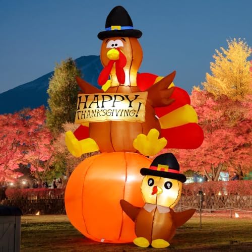 GOOSH 6 FT Thanksgiving Inflatables Turkey Outdoor Decorations Blow Up Yard Turkey on Pumpkin with Turkey Baby with Built-in LEDs for Indoor Party Garden Lawn Decor - Image 2