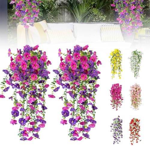 Artificial Flowers for Outdoors Fake Morning Glory Hanging Flower Decoration, 2 Pcs Realistic Faux Plants Petunias Trailing Vines, Spring Decor for Porch Patio Balcony Planter Yard(Purple+Fuchsia) by BloomwithJoy