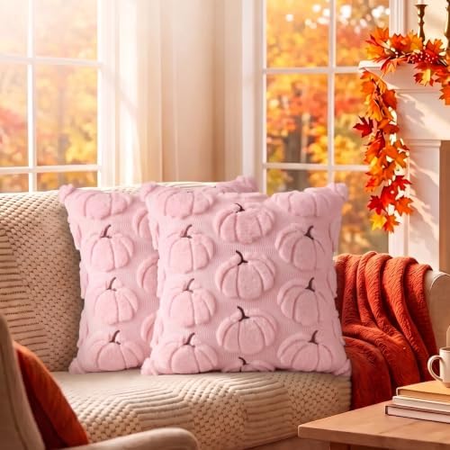 Fall Pillow Covers Pumpkin Fall Decor 16x16 Set of 2 Pink - Image 4