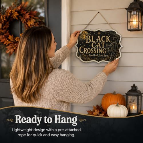 Vintage Black Cat Crossing Wooden Sign with Hanging Rope 8.5x12 Inch Gothic Halloween Wall Plaque, Moon Spider Web Witchy Farmhouse Decor for Front Door Porch Indoor Outdoor Wall Hanging Art （A01） - Image 4