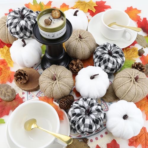 SITUMEIZI 12 Pcs Pumpkins Fake Harvest Velvet Pumpkin White Black Small Faux Fabric Foam Pumpkin for Fall Decor Wedding Thanksgiving Halloween Home Farmhouse Decoration(Burlap) - Image 4