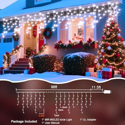 98 Ft Ice Lights for Outside, 960 LED Christmas Lights Outdoor Plug in, Christmas String Lights with 8 Modes & Timer for Holiday, Party, Wedding, House, Patio, Outdoor Decor(Cool White) - Image 2