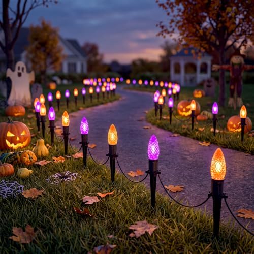 19.5Ft Halloween Pathway Lights, 10 Pack C9 LED Purple and Orange Lights by Jasneniebo