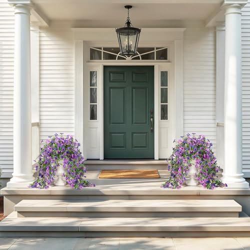 QCQHDU Artificial Hanging Flowers for Outdoors,2Pcs Fake Hanging Plants 29.5 Inch Long for Spring Summer Decoration,UV Resistant Faux Flowers for Patio Porch Garden Yard Balcony Decor, Double Purple - Image 3