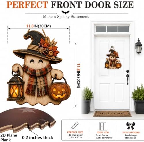 Ghost Witch Door Sign Wooden Halloween Porch Decor Fall Front Door Hanger - Image 2