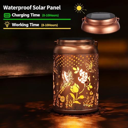 Rose Butterfly Decoration Solar Lanterns Outdoor Waterproof Garden Decor Gifts for Women Mon Grandma Metal Hanging Solar Lights for Outside LED Lanterns for Yard, Patio - Image 2